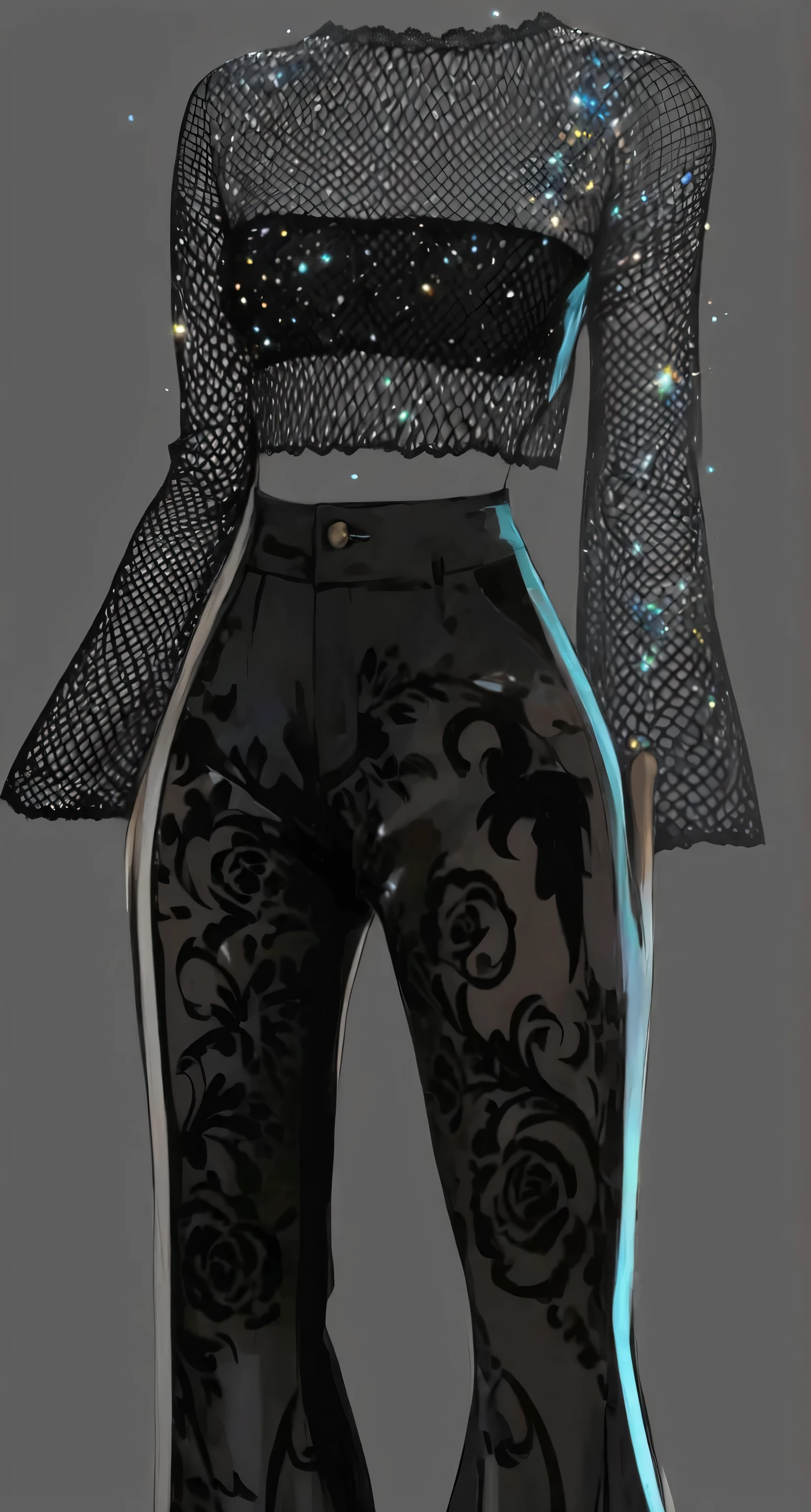 beautiful illustration, ultra-detailed, masterpiece,fishnets top with glitter, trousers with lace