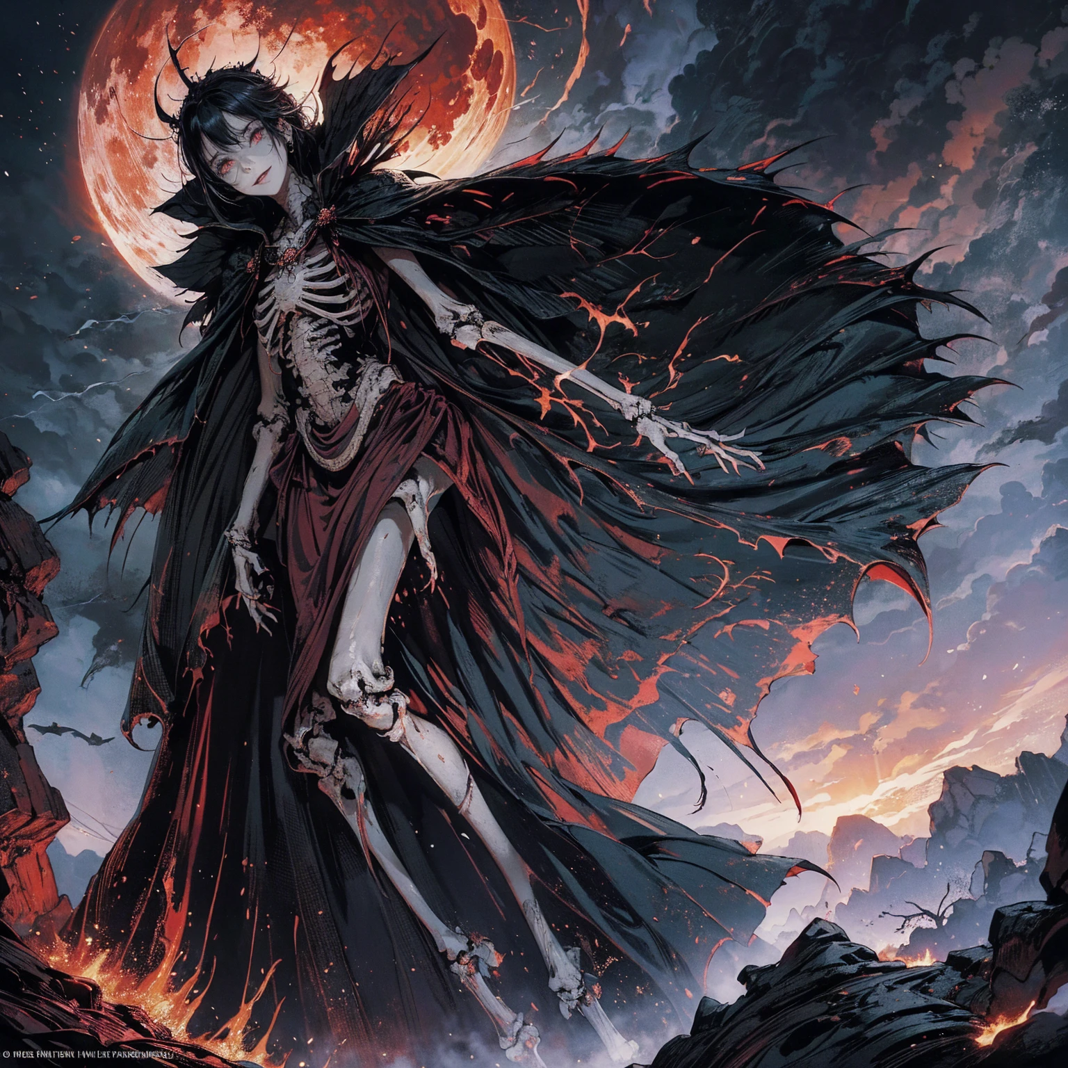 full-body shot, wide-angle lens, upward shot, best quality, 4K, high resolution, masterpiece, Very detailed, Mood lighting, An undead girl in a long cape, Whole body including hands & arms & legs & feet are all skeleton bones but except the head is still beautiful human face, Wearing a ragged gothic skirt, Aloofness emotion, Dangerous sneer, Beautiful but sad smile, Black Hair, Standing, Facing the camera, Crucified, Pitch black sky, Blood-red moon, strange atmosphere, Gothic style, Unforgettable beauty, Dramatic shadows, Ethereal Light, Mysterious atmosphere