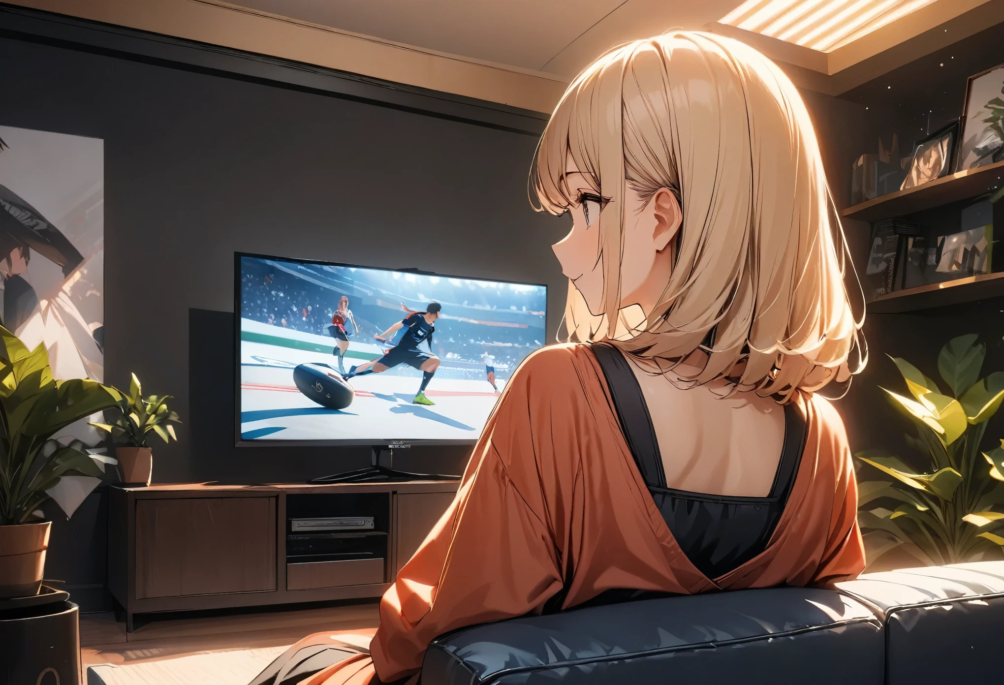 (Highest quality:1.2, Very detailed, up to date, Vibrant, 超High resolution, High Contrast, masterpiece:1.2, Highest quality, Best aesthetics), (((1 girl))), Very detailedでオリンピックを見ている美しい若い女性:1.2, Back view of a woman engrossed in watching TV, living room, Cozy interior, ((Large screen TV, Live Sports:1.1, Watching sports in front of the TV)), Soft lighting, Relaxed atmosphere, Elegant Dresses, Focused facial expression, Comfortable sofa, Potted plants, Warm colors, Positive Energy, Calm background, A nurturing presence, High resolution, Sharp focus.