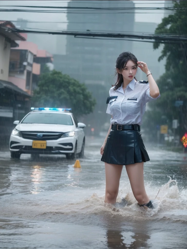 Real photos, background  strong typhoon rain, wet all over, sea water pouring in, road turned into pool, water flooded the roof, a beautiful Taiwanese girl, police uniform miniskirt, standing on the flooded road, clothes blown by the strong wind Open.