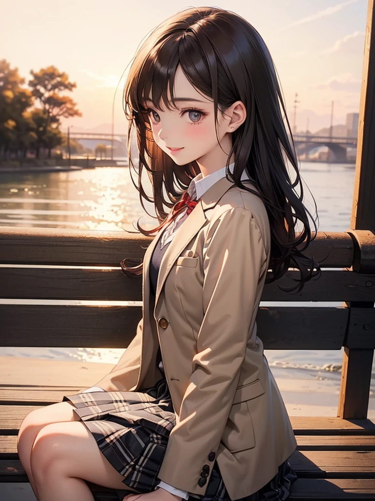 (sepia art),(masterpiece),(4K),high quality,(Perfect Anatomy),Flat Chest,(1 high school girl),((solo)),grey blazer,checkered skirt,red ribbon tie,brown hair,Beautiful smile,Beautiful and detailed eyes,((sidelong glance)), (highly detailed elegant), detailed skin,dreamy and happy atmosphere, bokeh, silky to the touch, hyper detail,soft pastel tones,soft and warm lighting,sunset,sit on a bench,from the side