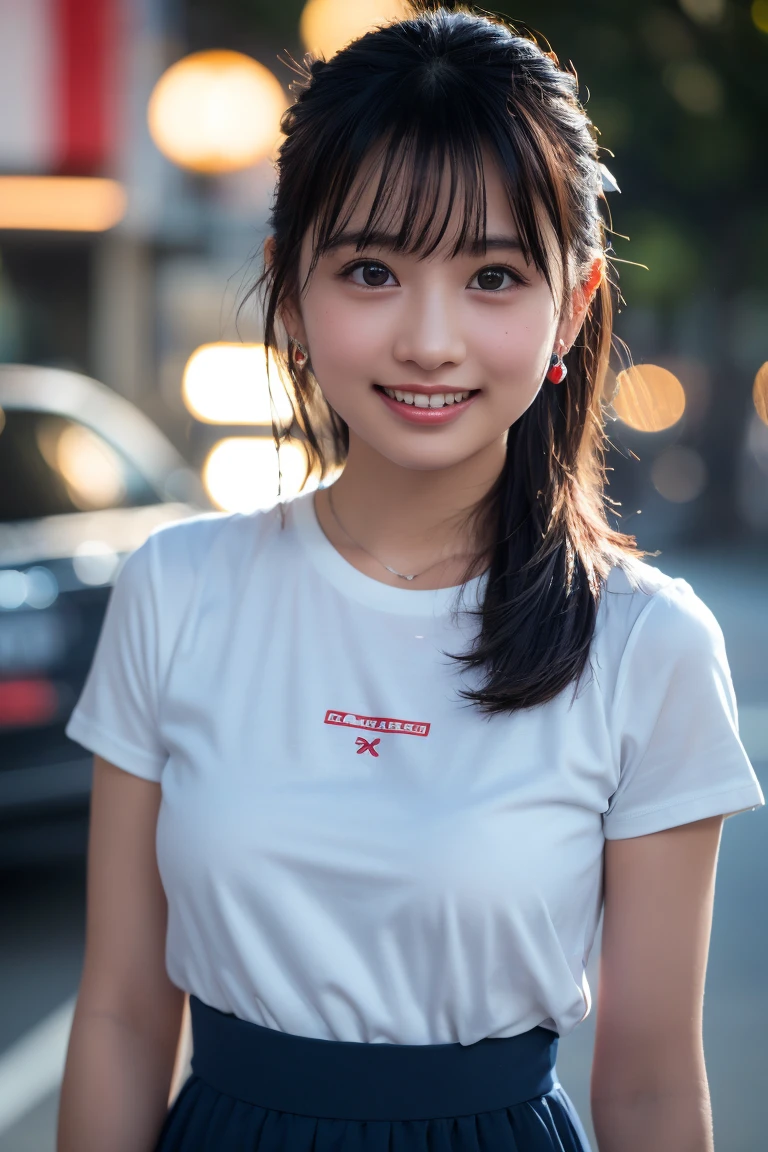 (8k, RAW Photos,Highest quality, High resolution:1.1), (Ultra-realistic:1.4),(Realistic, Realistic:1.3), big,Realistic Face,Realistic Body,Realistic Skin,masterpiece,(cute:1.8), Cuties, alone, (big:1.2), Fine black eyes,Innocent eyes,(T-Shirts:1.2 ),Cinema Lighting,Film Grain,jewelry,Earrings,((Medium Hair:1.1)),Cherry colored lips,Hair Ribbon,ponytail,close,Viewer,Long Hair,Upper Body,Open your lips,Upper teeth, (Smiling Eyes:0.6),((Grin:1.2)), Blurred Background, Eye focus , Bokeh,young, 85mm lens, young,Portraiture,Photon Mapping,Radio City,Physically Based Rendering,Asian,China dress