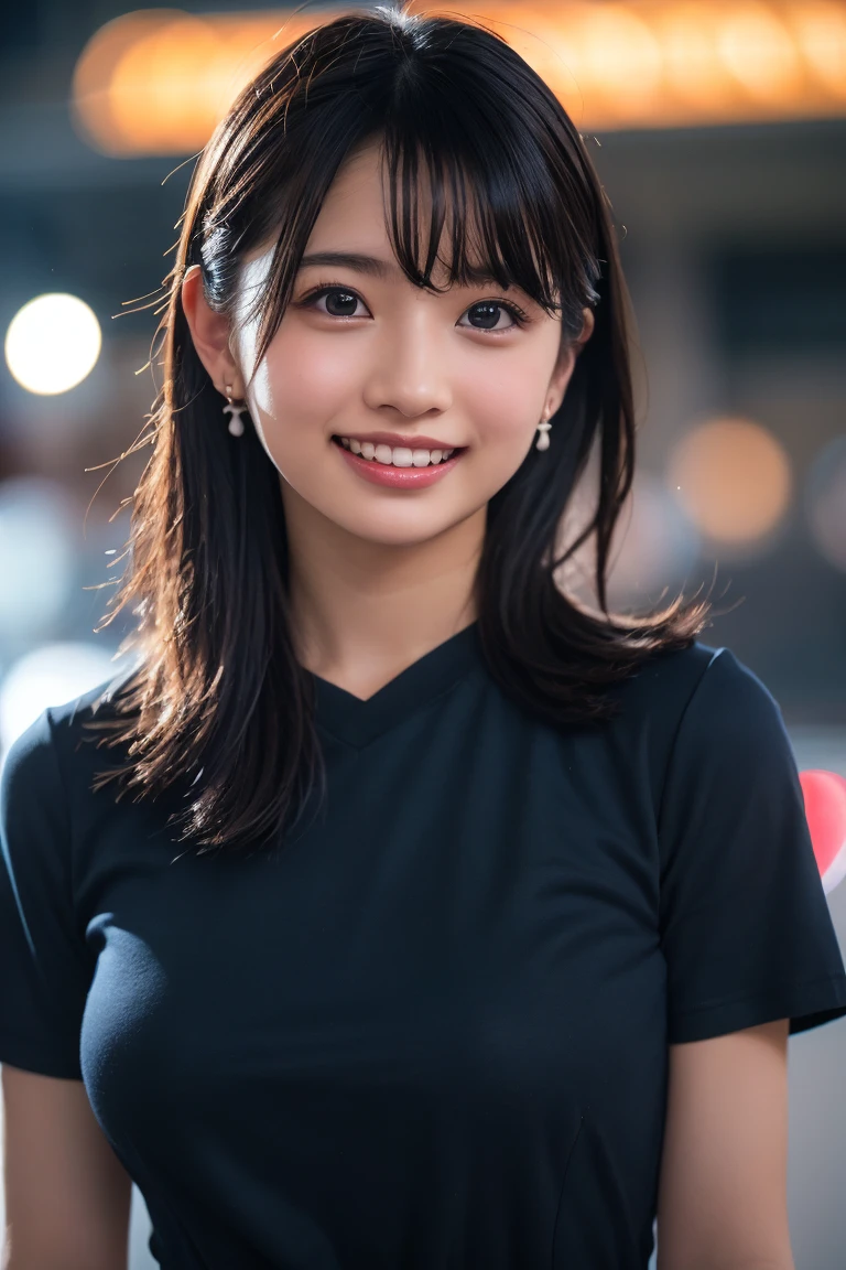 (8k, RAW Photos,Highest quality, High resolution:1.1), (Ultra-realistic:1.4),(Realistic, Realistic:1.3), big,Realistic Face,Realistic Body,Realistic Skin,masterpiece,(cute:1.8), Cuties, alone, (big:1.2), Fine black eyes,Innocent eyes,(T-Shirts:1.2 ),Cinema Lighting,Film Grain,jewelry,Earrings,((Medium Hair:1.1)),Cherry colored lips,Hair Ribbon,ponytail,close,Viewer,Long Hair,Upper Body,Open your lips,Upper teeth, (Smiling Eyes:0.6),((Grin:1.2)), Blurred Background, Eye focus , Bokeh,young, 85mm lens, young,Portraiture,Photon Mapping,Radio City,Physically Based Rendering,Asian,China dress