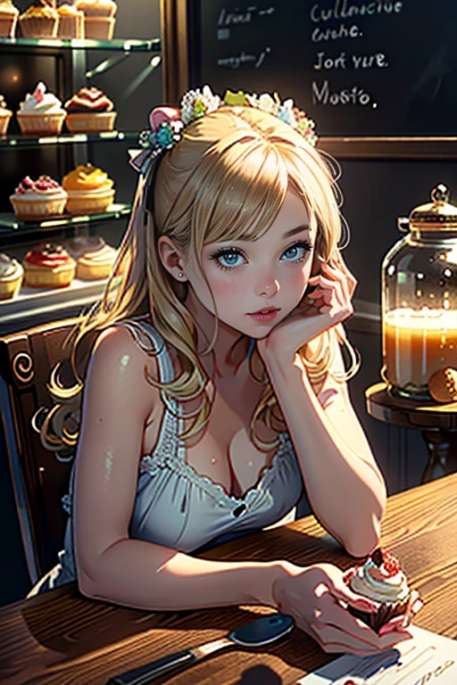 masterpiece, Highest quality, Very detailed, Ultra-high resolution, (photoRealistic:1.8), 非Realistic_engine, photograph, Realistic_skin_texture, a delicate, adorable young girl, beautiful detailed eyes, beautiful detailed lips, extremely detailed face, long eyelashes, blonde hair, pastel colors, cozy atmosphere, dessert display case, macarons, cupcakes, tarts, cakes, coffee maker, chalkboard menu, natural lighting, glass jars filled with candy, cloudy window glass, decorative plates, whimsical decor, sugar sculpture