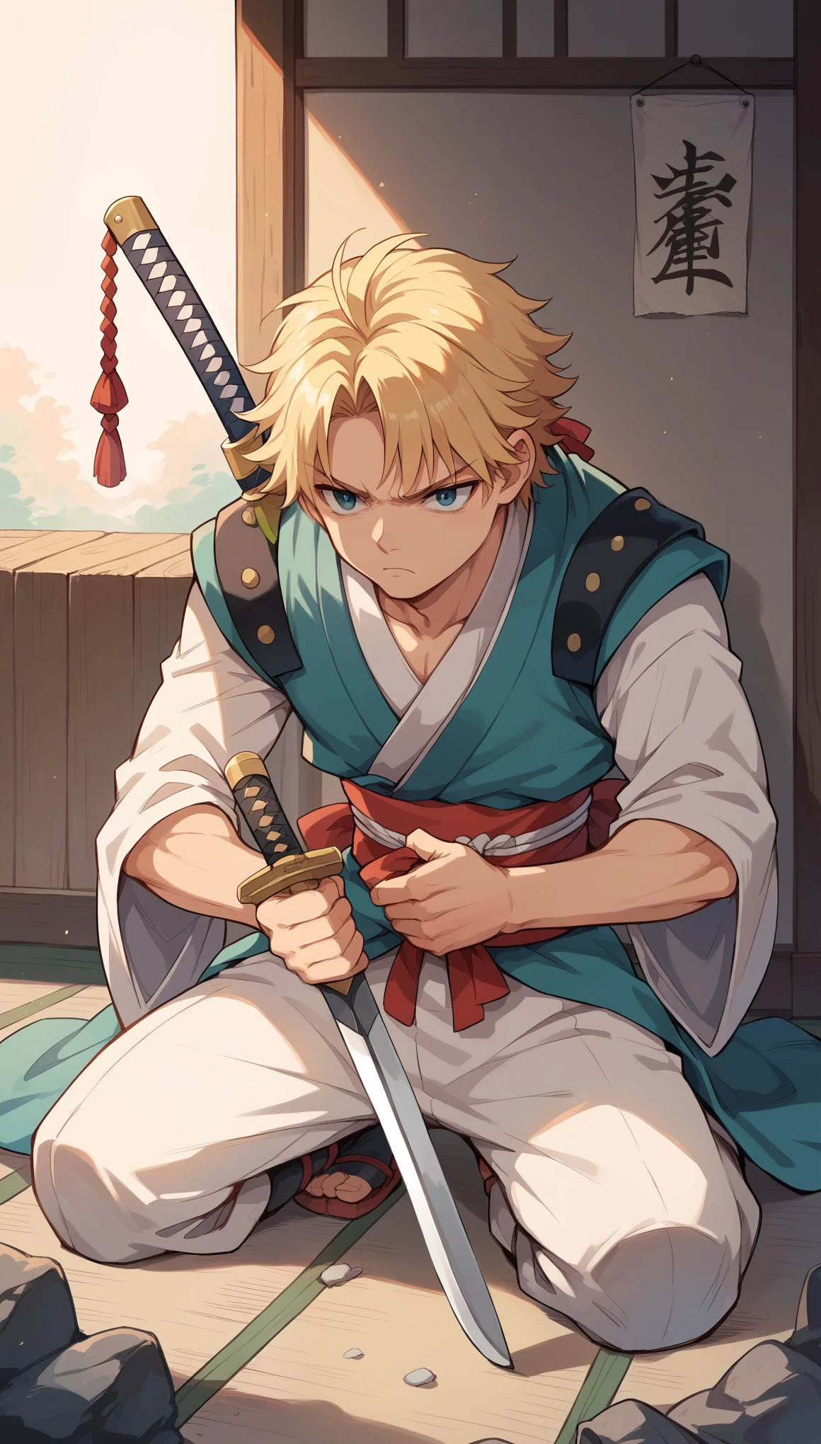 blonde hair, messy, serious, anime, drop shadow, high quality, highres, best quality, masterpiece, A young samurai, a ronin, a boy wielding a sword, Iaido, Fire effect, kneeling