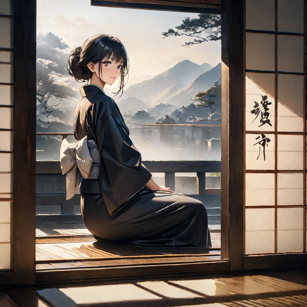 Girl, Ink Painting, In the tranquility of a traditional Japanese room, A girl wearing a kimono is sitting upright, Her eyes were fixed on the window pane.. , Panoramic View, 8k,((masterpiece:1.4, Highest quality)), Black Hair, Brown eyes, (Depth of written boundary:1.3), Lower Body, High quality scenes, Vivid and photorealistic, Super detailed, 8k, masterpiece, elegant, Beautiful summer sky, Warm atmosphere, Clear lines, Official Art, Professional, Ultra high definition