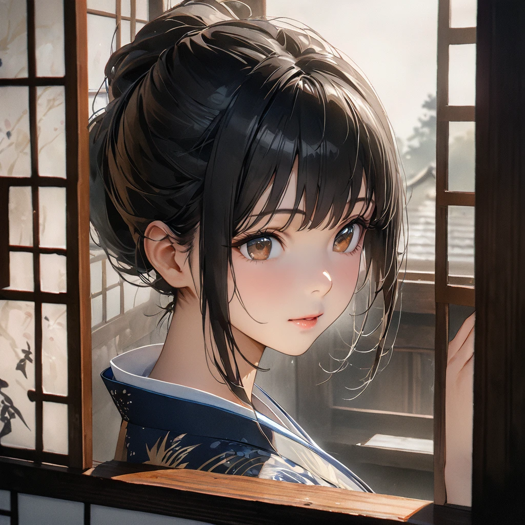 Girl, Ink Painting, In the tranquility of a traditional Japanese room, A girl wearing a kimono is sitting upright, Her eyes were fixed on the window pane.. , Panoramic View, 8k,((masterpiece:1.4, Highest quality)), Black Hair, Brown eyes, (Depth of written boundary:1.3), Lower Body, High quality scenes, Vivid and photorealistic, Super detailed, 8k, masterpiece, elegant, Beautiful summer sky, Warm atmosphere, Clear lines, Official Art, Professional, Ultra high definition