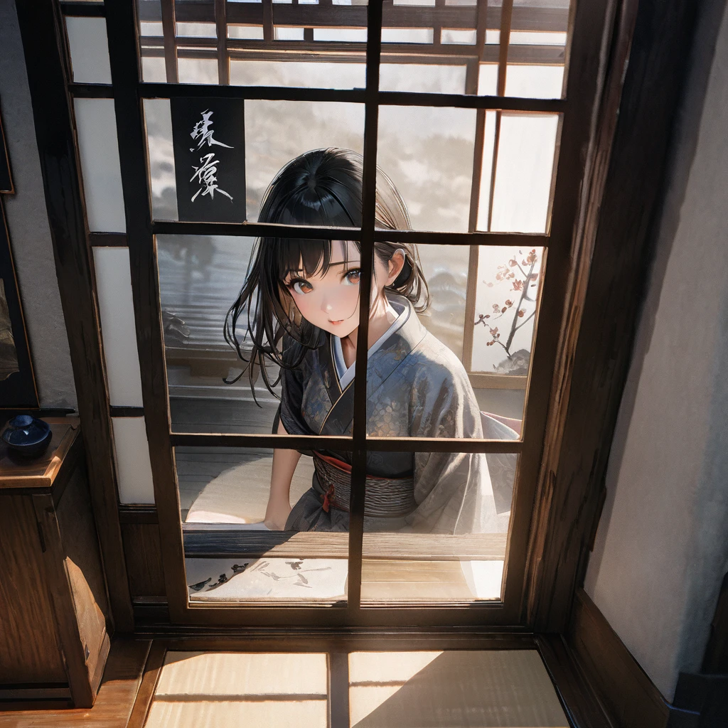 Girl, Ink Painting, In the tranquility of a traditional Japanese room, A girl wearing a kimono is sitting upright, Her eyes were fixed on the window pane.. , Panoramic View, 8k,((masterpiece:1.4, Highest quality)), Black Hair, Brown eyes, (Depth of written boundary:1.3), Lower Body, High quality scenes, Vivid and photorealistic, Super detailed, 8k, masterpiece, elegant, Beautiful summer sky, Warm atmosphere, Clear lines, Official Art, Professional, Ultra high definition