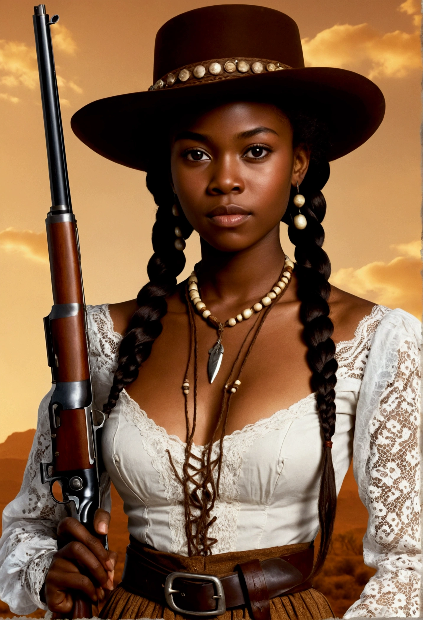creative western film cover style old photograph with a young African woman, long braided hair, darkskin, western film character, sexy girl with brown eyes, 精致的面容, she is wearing a hat and is in a saloom, she's holding a winchester rifle, Ultra Realist, meticulously detailed, wearing period clothes with white lace. she is holding a winchester. The image is an old western film cover