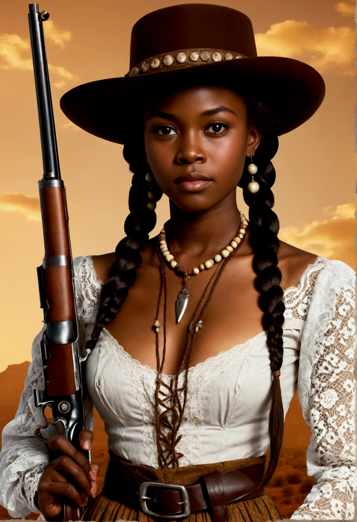 creative western film cover style old photograph with a young African woman, long braided hair, darkskin, western film character, sexy girl with brown eyes, 精致的面容, she is wearing a hat and is in a saloom, she's holding a winchester rifle, Ultra Realist, meticulously detailed, wearing period clothes with white lace. she is holding a winchester. The image is an old western film cover