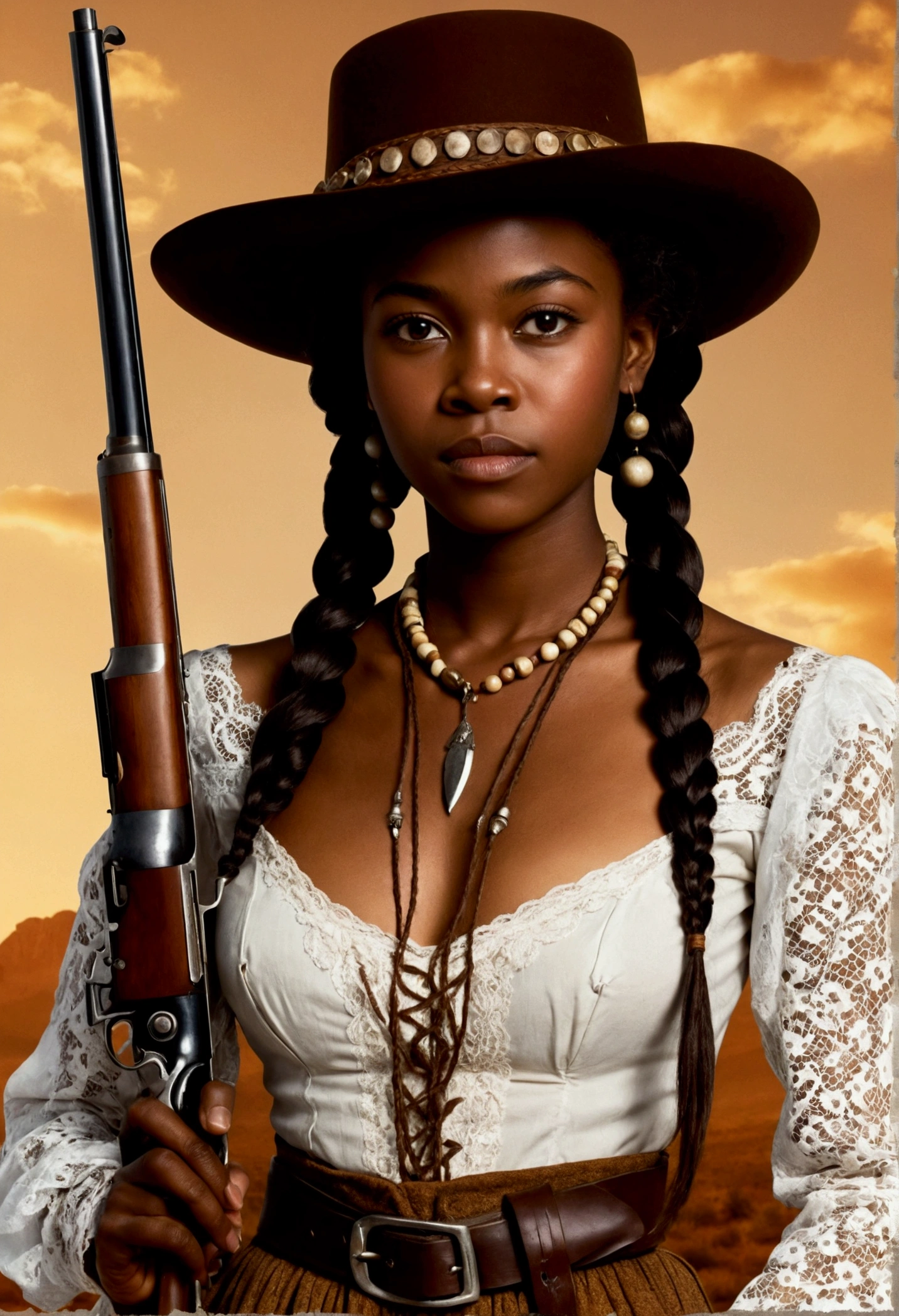 creative western film cover style old photograph with a young African woman, long braided hair, darkskin, western film character, sexy girl with brown eyes, 精致的面容, she is wearing a hat and is in a saloom, she's holding a winchester rifle, Ultra Realist, meticulously detailed, wearing period clothes with white lace. she is holding a winchester. The image is an old western film cover