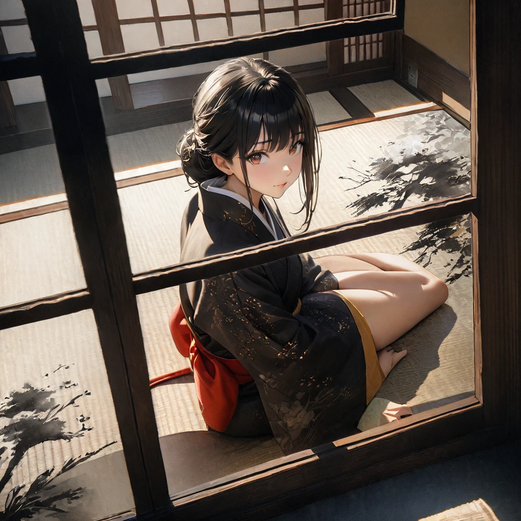 Girl, Ink Painting, In the tranquility of a traditional Japanese room, A girl wearing a kimono is sitting upright, Her eyes were fixed on the window pane.. , Panoramic View, 8k,((masterpiece:1.4, Highest quality)), Black Hair, Brown eyes, (Depth of written boundary:1.3), Lower Body, High quality scenes, Vivid and photorealistic, Super detailed, 8k, masterpiece, elegant, Beautiful summer sky, Warm atmosphere, Clear lines, Official Art, Professional, Ultra high definition