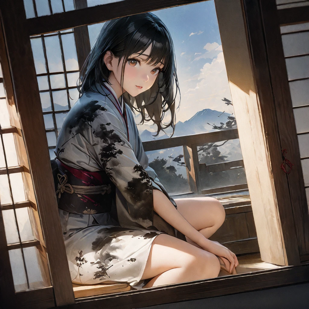 Girl, Ink Painting, In the tranquility of a traditional Japanese room, A girl wearing a kimono is sitting upright, Her eyes were fixed on the window pane.. , Panoramic View, 8k,((masterpiece:1.4, Highest quality)), Black Hair, Brown eyes, (Depth of written boundary:1.3), Lower Body, High quality scenes, Vivid and photorealistic, Super detailed, 8k, masterpiece, elegant, Beautiful summer sky, Warm atmosphere, Clear lines, Official Art, Professional, Ultra high definition