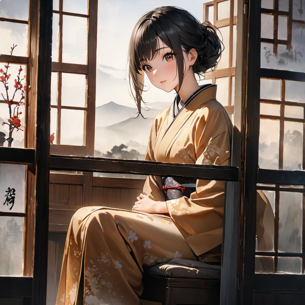 Girl, Ink Painting, In the tranquility of a traditional Japanese room, A girl wearing a kimono is sitting upright, Her eyes were fixed on the window pane.. , Panoramic View, 8k,((masterpiece:1.4, Highest quality)), Black Hair, Brown eyes, (Depth of written boundary:1.3), Lower Body, High quality scenes, Vivid and photorealistic, Super detailed, 8k, masterpiece, elegant, Beautiful summer sky, Warm atmosphere, Clear lines, Official Art, Professional, Ultra high definition