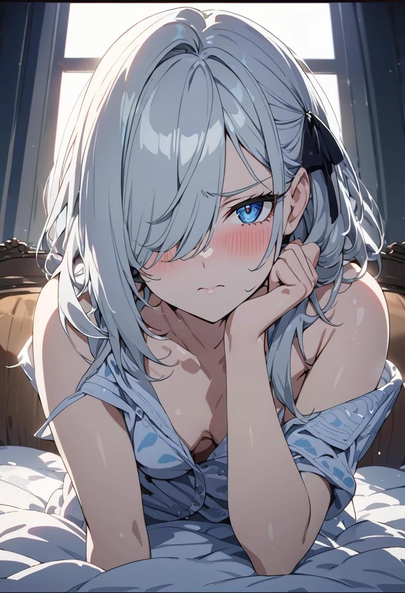 masterpiece, best quality, high quality, detailed, ultra detailed, hyper detailed, insanely detailed, exquisite, beautiful, FHD, Full-HD, 4K, 8K, 16K, highres, absurdres, woman, shy, glaring, lying on back, looking at viewer, hair between eyes, hair over one eye, silver hair, blue eyes, tall, glamorous, off shoulder, undone clothing, pajamas, hair ribbon, blush, in the bedroom, with a bed, at night, cel anime, upper body, from front, golden ratio