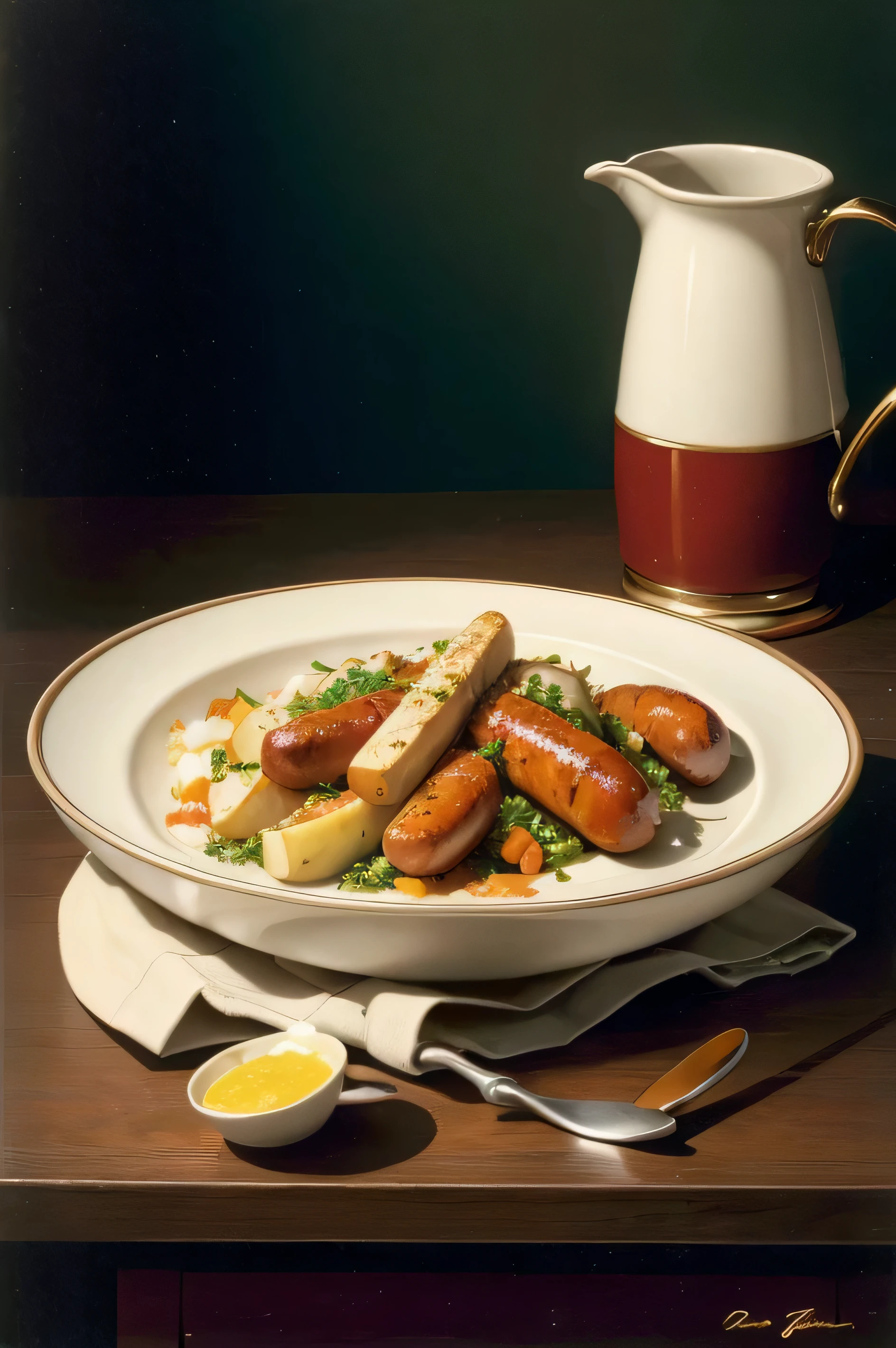 ((best qualityer)), ((work of art)), oil painting, dish with sausage and potatoes, German cuisine