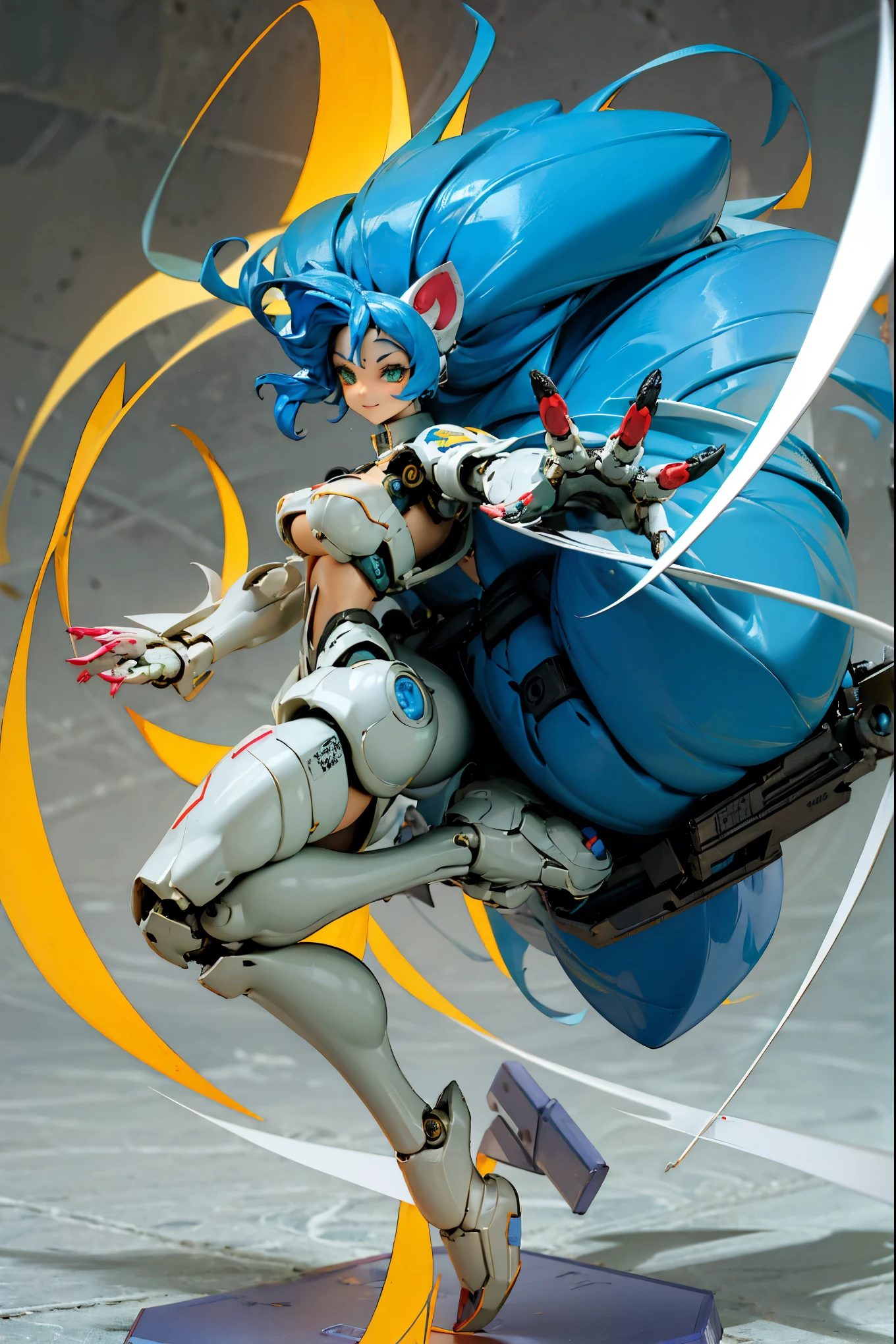 ((Masterpiece, Best Quality)), blue hair, cat tail, Green eyes, cyberpunk robot parts, smiles, happy, thicc, big breasts, big ass, illustration, ultra-detailed 8K, realistic, clear focus, highly detailed, professional lighting, colorful details, colors BREAK factory super long shot, (1 large mechanical robot), microchip, computer, luminescence, intricate details, shitu-mecha, race start pose, ready for launch, one hand in the ground, sparks coming from feet, on a runway,