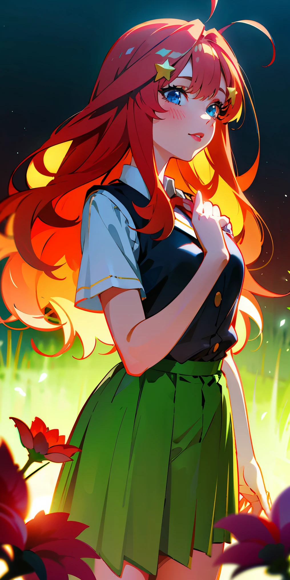 Ahoge, best quality, ultra high res, (photorealistic:1.4), blush, red lips, filme fotografia de stock ,4 Kodak Portra 400 ,camera f1.6 lentes ,cores ricas ,hyper realistic ,textura realista, dramatic lighting , cinestill 800, full bust shot, beautiful girl, collared white short sleeves shirt, red sleeveless vest, green pleated skirt, long wavy hair, watercolor illustration, flowers and colorful plants, glowing aura around her, by Glen Keane, Itsuki Nakano, long fluffy red hair, blue eyes, nakano_itsuki, , glowing lights! digital painting, star hairclips, 5-pointed star hairclips, beautiful digital illustration, fantasia otherworldly landscape plants flowers, beautiful, masterpiece, best quality, anime disney style, sfw