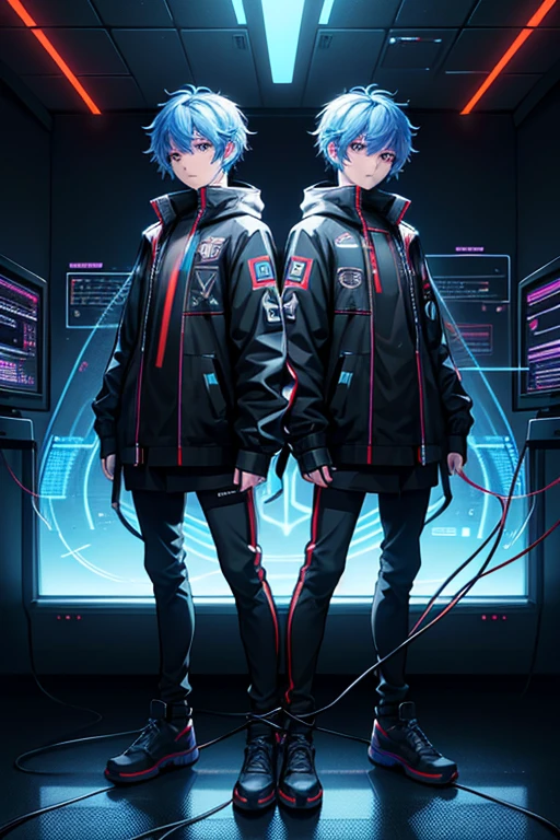 image and full body twin brothers, hacker technology, powers of genetic clones glitch techno wizard, like a reality only with a square lens, clothes with rgb led with wires and cables, control screens on clothes and on the face and code lines programming symbols , manipulates technology