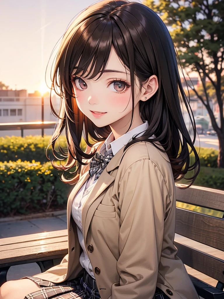 (sepia art),(masterpiece),(4K),high quality,(Perfect Anatomy),Flat Chest,(1 high school girl),((solo)),grey blazer,checkered skirt,red ribbon tie,brown hair,Beautiful smile,Beautiful and detailed eyes,((sidelong glance)), (highly detailed elegant), detailed skin,dreamy and happy atmosphere, bokeh, silky to the touch, hyper detail,soft pastel tones,soft and warm lighting,sunset,sit on a bench,from the side