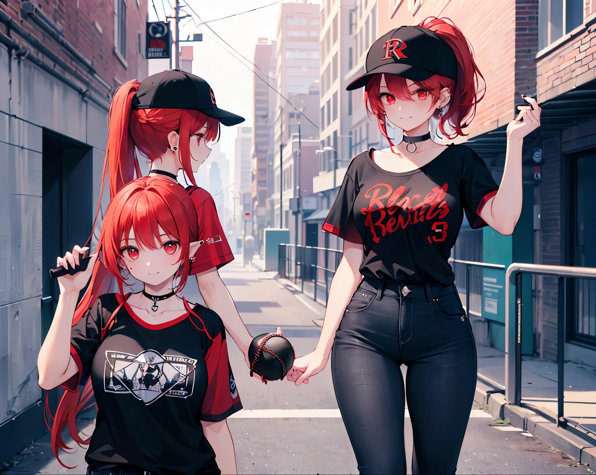 Realistic,Highest quality, Ultra Detail, High-quality CG rendering, The most delicate and beautiful, Floating softly, High resolution, (1 girl), (Highest quality,4K,8k,masterpiece:1.2),(All red hair:1.5), (ponytail:1.5),(Red eyes:1.5),(Slightly larger breasts:1.2), (Oversized black short sleeve t-shirt:1.5),(Black skinny jeans:1.5),(Black baseball cap:1.5),In the city,old buildings,Narrow back alley,(Are standing:1.3),smile,(Piercing in left ear:1.3),(Pitch black choker:1.5)