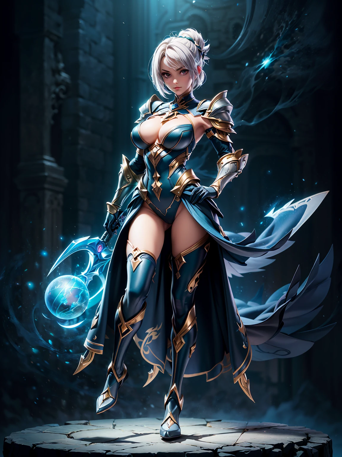 (((masterpiece, best quality, high detailed, 8k))) Design a layout showcase Gaming character, (1girl). Purple+Silver intricate full body armor, stylish and unique. ((showcase weapon:1.4)), magical orb. (masterpiece:1.2), (best quality), 4k, ultra-detailed. (Step by step design, layout art:1.5), (luminous lighting, atmospheric lighting). sorceress, ((glove full hands)), (((revealing clothes:1.3))), vambraces, armored legwear, (((full_body_shot:1.4))). {In an enchanted castle}.