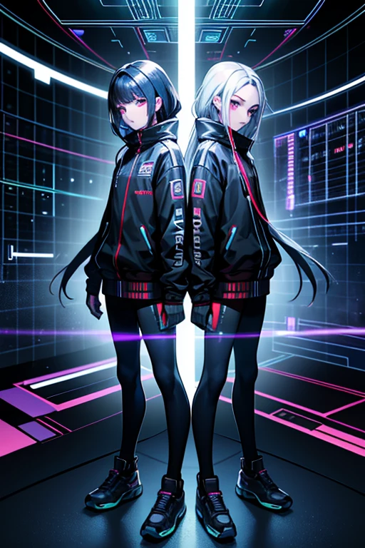 image and full body twin brothers, hacker technology, powers of genetic clones glitch techno wizard, like a reality only with a square lens, clothes with rgb led with wires and cables, control screens on clothes and on the face and code lines programming symbols , manipulates technology