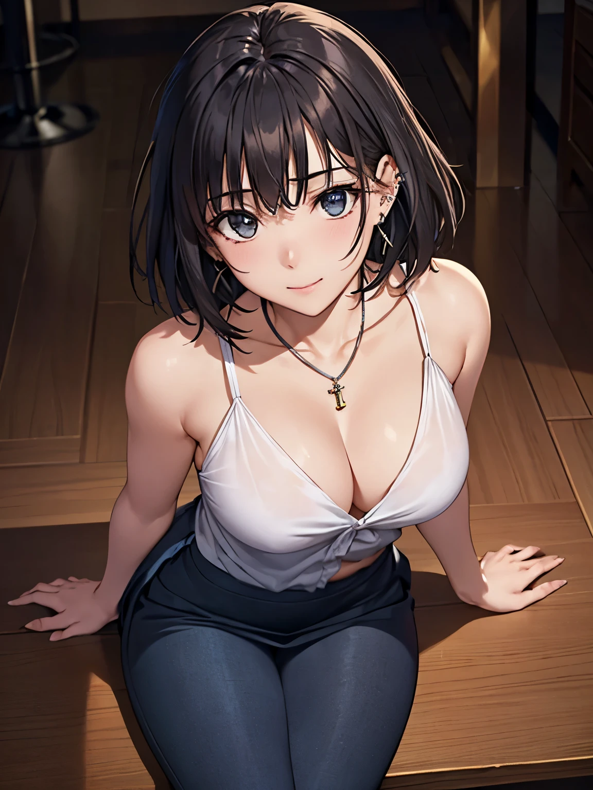 (Tabletop, Highest quality, High resolution, , Pixel perfect, 4K,), 1 girl, single, alone, Beautiful woman、The whole body is visible、 ((Wave shorthair、Blue ash glossy hair)), ((Gray Eyes, Beautiful eyelashes, Realistic eyes)), ((Detailed face, blush:0.6)), ((Smooth texture:0.75, Realistic texture:0.65, Realistic:1.1, Anime CG style)), Mid-chest, Dynamic Angle, Perfect body, Plump body、university student、((Black sleeveless open neck blouse、tight skirt with a slit＋＋、Cute Necklace、Earrings)), look up、A shy smile、Accentuate your breasts、Shave your chest、Sitting cross-legged、Thighs visible through skirt、Angle from below、hotel lobby、I can see the blue pants