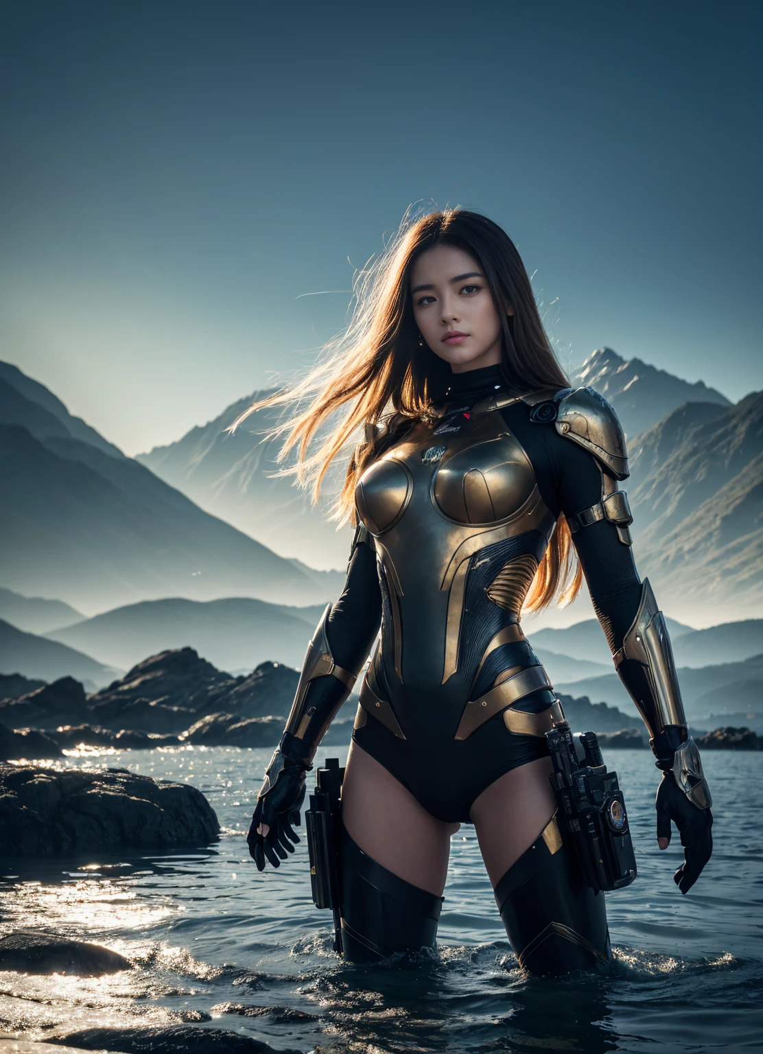 ((masterpiece, Highest quality, Best image quality, High resolution, Realistic, RAW Photos, 8k)), cyborg, Her body is covered in gear and a black metal frame... 白colorの背景, Empty Lab, Dilapidated city,Full Body Shot、Low angle shot　((La Highest quality)), ((masterpiece)), (muy Familiar:1.3), Beautiful 25 year old girl floating on water, Centrally located, Float above the lake water with mountains in the background,Fractal design sphere around, cyber punk, Fractal design for the background, Futurist, Golden Ratio, 3D tessellation of metal structures, Neurograph, Neuron, color, like, passion, Oil on canvas, Thick brushwork, Amazing details, 8k, masterpiece, Art Station, surRealist, masterpiece, Realist, realism, fotorrealism, High Contrast, Artstationで流行しているフォトリアリスティックなデジタルアート8k HDHigh resolution詳細リアル, Familiar, Skin Texture, hiper Familiar, textura Realist de la piel, armor, Highest quality, 超High resolution, , High resolution, Familiar, RAW Photos, Nikon d850 film stock photos 4 kodak portra 400 camera f1.6 Lens rich colors hyper realistic texture dramatic lighting UnrealEngine trend in Art Station Cinestill 800,