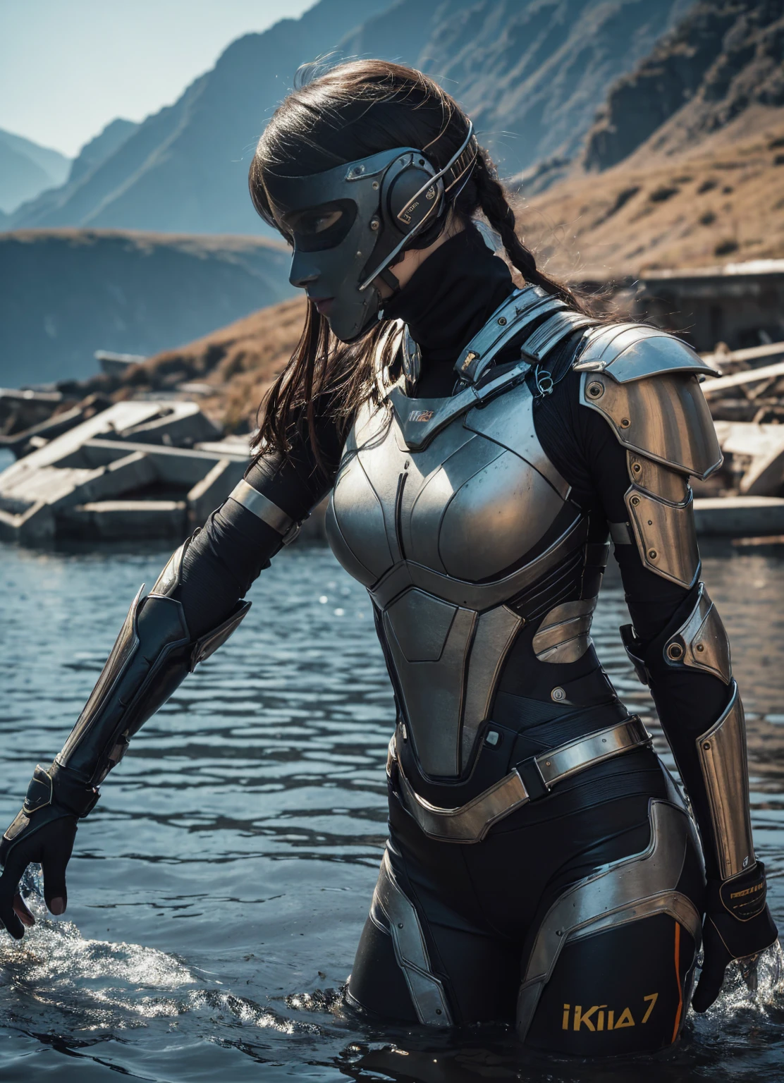 ((masterpiece, Highest quality, Best image quality, High resolution, Realistic, RAW Photos, 8k)), cyborg, Her body is covered in gear and a black metal frame... 白colorの背景, Empty Lab, Dilapidated city,Full Body Shot、Low angle shot ((La Highest quality)), ((masterpiece)), (muy Familiar:1.3), Beautiful 25 year old girl floating on water, Centrally located, Float above the lake water with mountains in the background,Fractal design sphere around, cyber punk, Fractal design for the background, Futurist, Golden Ratio, 3D tessellation of metal structures, Neurograph, Neuron, color, like, passion, Oil on canvas, Thick brushwork, Amazing details, 8k, masterpiece, Art Station, surRealist, masterpiece, Realist, realism, fotorrealism, High Contrast, Artstationで流行しているフォトリアリスティックなデジタルアート8k HDHigh resolution詳細リアル, Familiar, Skin Texture, hiper Familiar, textura Realist de la piel, armor, Highest quality, 超High resolution, , High resolution, Familiar, RAW Photos, Nikon d850 film stock photos 4 kodak portra 400 camera f1.6 Lens rich colors hyper realistic texture dramatic lighting UnrealEngine trend in Art Station Cinestill 800,