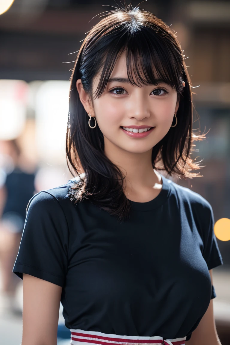 (8k, RAW Photos,Highest quality, High resolution:1.1), (Ultra-realistic:1.4),(Realistic, Realistic:1.3), big,Realistic Face,Realistic Body,Realistic Skin,masterpiece,(cute:1.8), Cuties, alone, (big:1.2), Fine black eyes,Innocent eyes,(T-Shirts:1.2 ),Cinema Lighting,Film Grain,jewelry,Earrings,((Medium Hair:1.1)),Cherry colored lips,Hair Ribbon,ponytail,close,Viewer,Long Hair,Upper Body,Open your lips,Upper teeth, (Smiling Eyes:0.6),((Grin:1.2)), Blurred Background, Eye focus , Bokeh,young, 85mm lens, young,Portraiture,Photon Mapping,Radio City,Physically Based Rendering,Asian,China dress