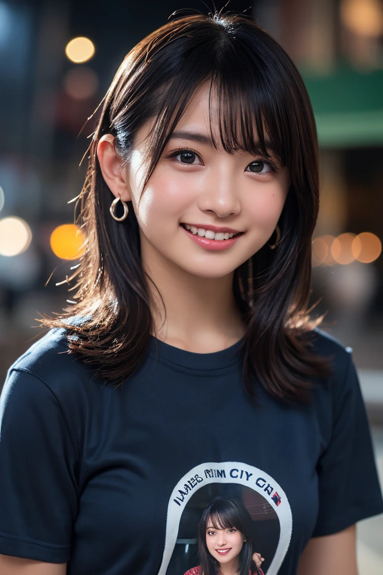 (8k, RAW Photos,Highest quality, High resolution:1.1), (Ultra-realistic:1.4),(Realistic, Realistic:1.3), big,Realistic Face,Realistic Body,Realistic Skin,masterpiece,(cute:1.8), Cuties, alone, (big:1.2), Fine black eyes,Innocent eyes,(T-Shirts:1.2 ),Cinema Lighting,Film Grain,jewelry,Earrings,((Medium Hair:1.1)),Cherry colored lips,Hair Ribbon,ponytail,close,Viewer,Long Hair,Upper Body,Open your lips,Upper teeth, (Smiling Eyes:0.6),((Grin:1.2)), Blurred Background, Eye focus , Bokeh,young, 85mm lens, young,Portraiture,Photon Mapping,Radio City,Physically Based Rendering,Asian,China dress