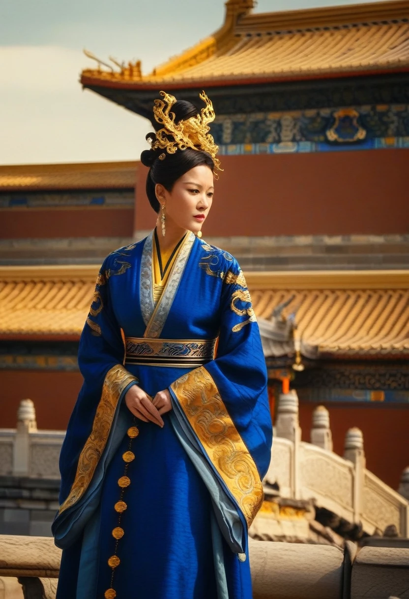 cinematic still Amidst the red walls of the Forbidden City, with its golden roofs gleaming under the sun, an asian woman in a royal blue robe with golden dragon motifs walked. Her attire, reminiscent of the empresses of yore, made her a moving masterpiece, echoing the grandeur and history of dynastic China.. emotional, harmonious, vignette, 4k epic detailed, shot on kodak, 35mm photo, sharp focus, high budget, cinemascope, moody, epic, gorgeous, film grain, grainy, cinematic, extremely, fabulous colors, artistic, perfect intricate, beautiful scenic full light, great composition, atmosphere, dynamic dramatic ambient, creative, lively, elegant