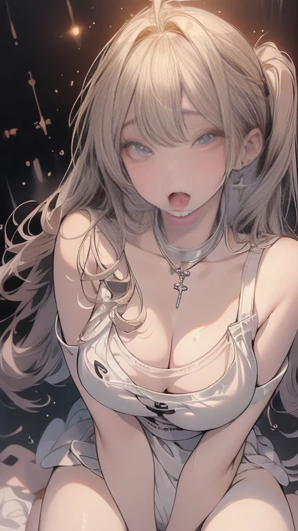 (Highest quality)), ((masterpiece)), (detailed), One Woman,16 year old pretty woman,Very sexy,Baby Face,young woman,Breast size is good,White one piece swimsuit,
Beautiful woman,Beautiful Face,Big eyes,Grey Eyes,Beautiful Eyes,Beautiful double eyelids,Beautiful teeth alignment,Beautiful body lines,Slender body,Beautiful Hands,Beautiful feet,Long hands,Long legs,Long and supple hair,Shiny Hair,Blonde Hair,Full Body Shot,Embarrassed expression,blush,Crying face,Mouth half open,From below,Beautiful shoulders,Beautiful clavicle、Are standing,(Sweat),((Steam 1.4)),Embarrassed expression,blush,humiliation,Shoulder out,Beautiful shoulders,Beautiful clavicle,((Big Tits 1.8))(((Valley 1.7))),sow off nipples under white shirt,grabbing own breasts,(((Woman with legs apart 1.6))),