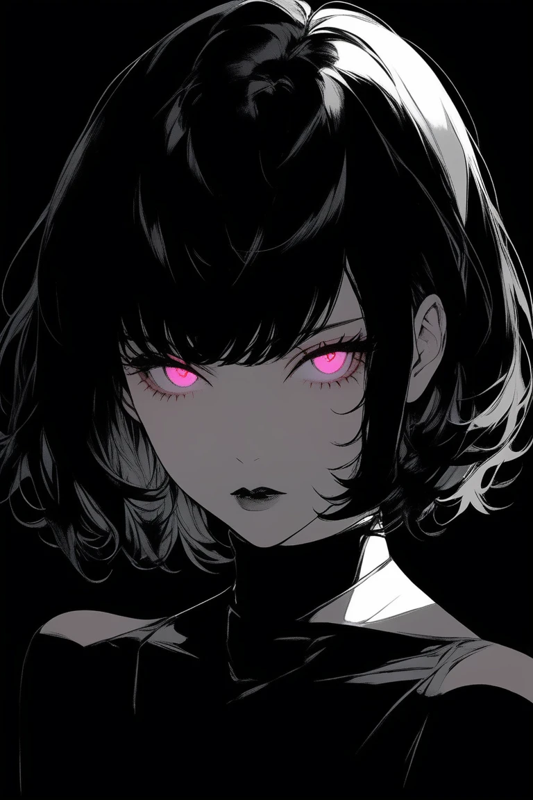 (Better Quality, overview:1.2),Realist,Illustrator,anime,1 girl, Detailed lips, Black Dress,custom, (Monochrome dark background),Neon Hair,Texture Cut, until then, Classic retro style, Black Dark,  (Black short bob hair:1.75 Neon:1.32), bad woman ,Sharp Eyes, Dark monochrome background ,Accurate hand structure,