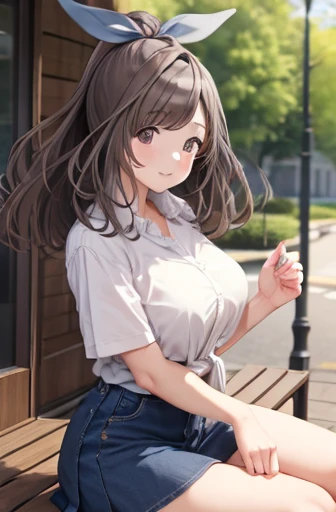koganetsukioka, kogane tsukioka, (brown eyes:1.5), brown hair, hair tie, ponytail, BREAK bare legs, blue skirt, collarbone, collared shirt, miniskirt, shirt, short sleeves, skirt, tented shirt, tied shirt, tight clothes, tight shirt, white shirt, wing collar, BREAK looking at viewer, BREAK outdoors, BREAK (masterpiece:1.2), best quality, high resolution, unity 8k wallpaper, (illustration:0.8), (beautiful detailed eyes:1.6), extremely detailed face, perfect lighting, extremely detailed CG, (perfect hands, perfect anatomy),