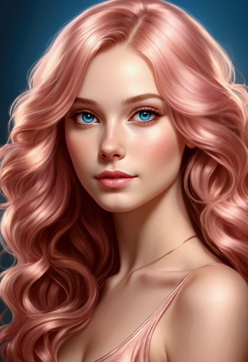 Adorable and innocent face, fair skin, (long and wavy rose gold hair), blue eyes, slender European young woman, pink gold rose gold color theme, anatomically correct, realistic proportions, Realistic Photo