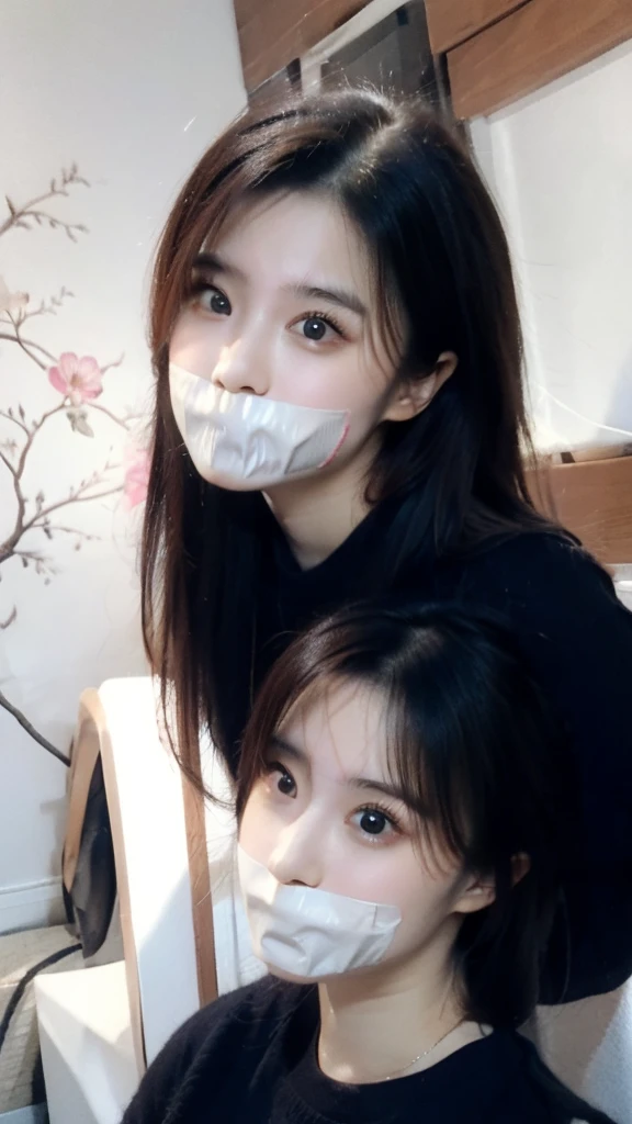 One female, selfie、face close up、cheerful smile、big tear bag、tape gag,Room lighting:none、front lighting:weak、Photo taken with iPhone、Japanese cute half-haired girl、profile、looking at the camera、black sweater, white wallpaper only, Rooms without lights、