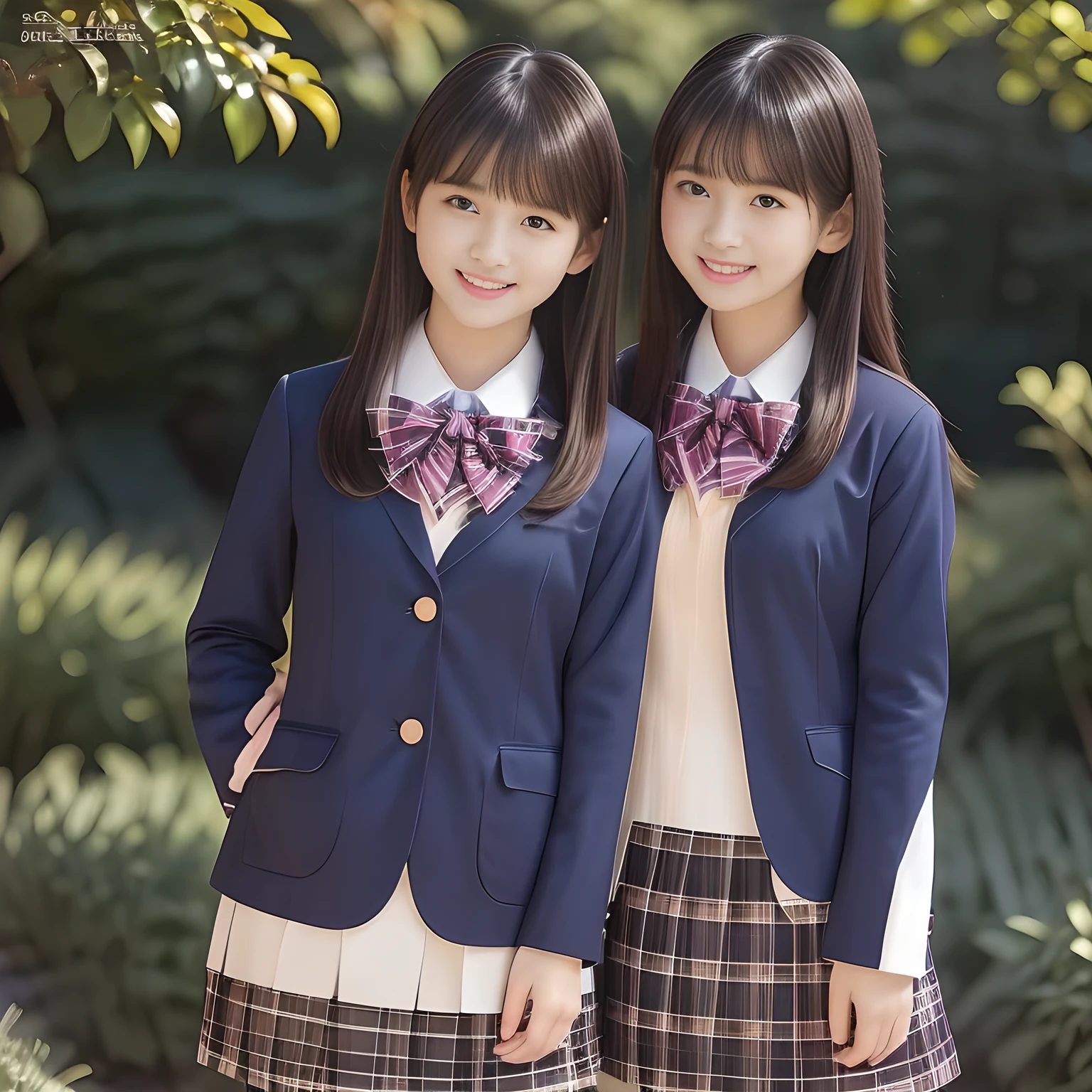 (Highest quality, masterpiece:1.2), Highest quality, High resolution, 1080P, 8k, height: 158cm, ((A noble, graceful and intelligent 14yo Japanese young idle who has a best proportion)), ((So sweet, very noble, neat, and pretty 14yo Japanese beautiful girl)), ((A real, very girly, sweet, cute and noble Japanese actress)), ((((A beautiful Japanese 14yo cute fashion magazine's model)))), ((((Very pure white face and limbs)))), Glossy Lips, (Evenly cut curled bangs), ((Very beautiful, droopy, cute, pure, noble brown eyes)), ((Super long, black straight hair )), (Very shiny, glossy Lips), ((Beautiful straight hair like a school promotion model)), Watch at you, ((Incredibly well organized, Rich facial expressions)), ((Plump and beautiful white skin and face)), ((Pure, clear, gentle brown eyes)), ((staring at me)), Glossy Lips, ((Noble and elegant)), Very beautiful blue skirt, ((Large upward-curving lips)), ((((Navy Japanese school blazer with noble golden emblem)))), ((Navy and sapphire blue Japanese school uniform)), ((Tartan check pattern dark blue pleated long skirt)), ((Cobalt blue string chest ribbon)), ((((An ecstatic expression of boundless joy)))), (((Beauty and fashion magazine for young girls))), (Pretty eyes and faces with perfectly detailed:1.0), ((Cute beautiful knees)), ((Well-shaped ample breasts)), ((Tilting his head and smiling)), ((胸のリボンを手で押さえている))