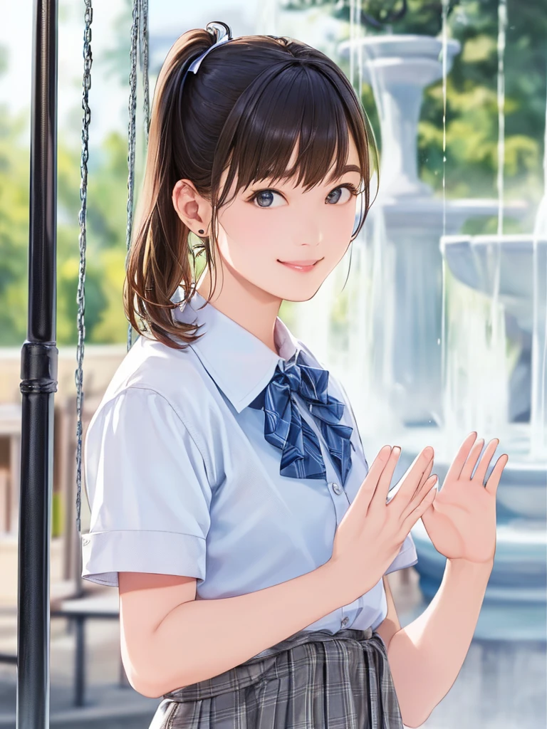 (Highest quality、8k、32K、masterpiece)、(Realistic)、(Realistic:1.2)、(High resolution)、Very detailed、Very beautiful face and eyes、(((Women's Solo Shot)))、Tight waist、(Highest quality、Attention to detail、Rich skin detail)、(Highest quality、8k、Oil paints:1.2)、(Realistic、Realistic:1.37)、Bright colors、(((Cowboy Shot)))、(((Bob Hair)))、(((Medium Hair)))、(((Side Ponytail)))、(((He has a happy face.)))、((smile))、(((Brown Hair)))、((Collared short-sleeved shirt, White shirt, , Grey plaid pleated skirt, Blue checked bow tie), )、(((Park during the day)))、(((Waving both hands)))、(((There is a fountain)))、(((With swing)))、