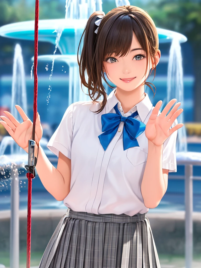 (Highest quality、8k、32K、masterpiece)、(Realistic)、(Realistic:1.2)、(High resolution)、Very detailed、Very beautiful face and eyes、(((Women's Solo Shot)))、Tight waist、(Highest quality、Attention to detail、Rich skin detail)、(Highest quality、8k、Oil paints:1.2)、(Realistic、Realistic:1.37)、Bright colors、(((Cowboy Shot)))、(((Bob Hair)))、(((Medium Hair)))、(((Side Ponytail)))、(((He has a happy face.)))、((smile))、(((Brown Hair)))、((Collared short-sleeved shirt, White shirt, , Grey plaid pleated skirt, Blue checked bow tie), )、(((Park during the day)))、(((Waving both hands)))、(((There is a fountain)))、(((With swing)))、