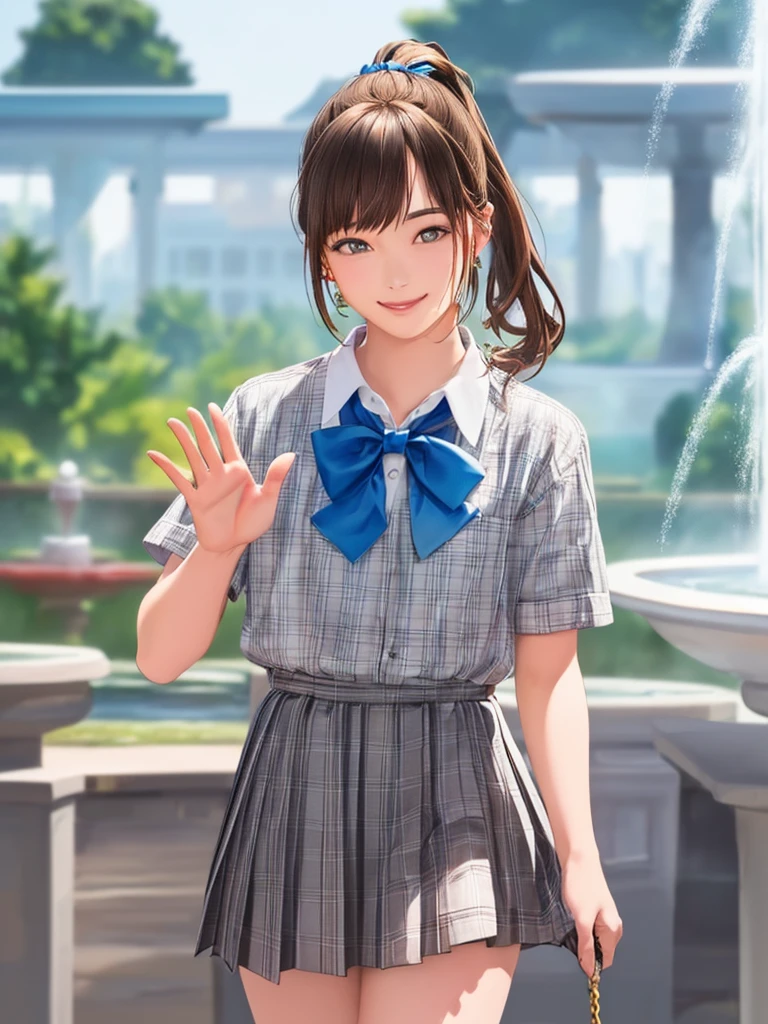 (Highest quality、8k、32K、masterpiece)、(Realistic)、(Realistic:1.2)、(High resolution)、Very detailed、Very beautiful face and eyes、(((Women's Solo Shot)))、Tight waist、(Highest quality、Attention to detail、Rich skin detail)、(Highest quality、8k、Oil paints:1.2)、(Realistic、Realistic:1.37)、Bright colors、(((Cowboy Shot)))、(((Bob Hair)))、(((Medium Hair)))、(((Side Ponytail)))、(((He has a happy face.)))、((smile))、(((Brown Hair)))、((Collared short-sleeved shirt, White shirt, , Grey plaid pleated skirt, Blue checked bow tie), )、(((Park during the day)))、(((Waving both hands)))、(((There is a fountain)))、(((With swing)))、