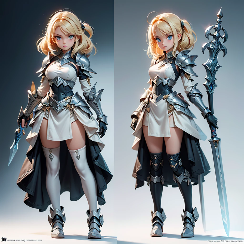 Design a layout showcase Gaming character, (1girl). Golden+Purle clothes, stylish and unique, ((showcase weapon:1.4)), magic staff, (masterpiece:1.2), (best quality), 4k, ultra-detailed, (Step by step design, layout art:1.5), (luminous lighting, atmospheric lighting), magican, ((glove full hands)), (((revealing clothes:1.3))), vambraces, armored legwear, (((full_body_shot:1.4)))