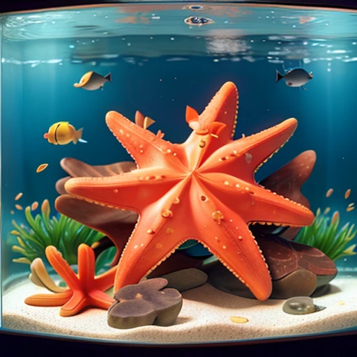 happy starfish in an aquarium with little fish