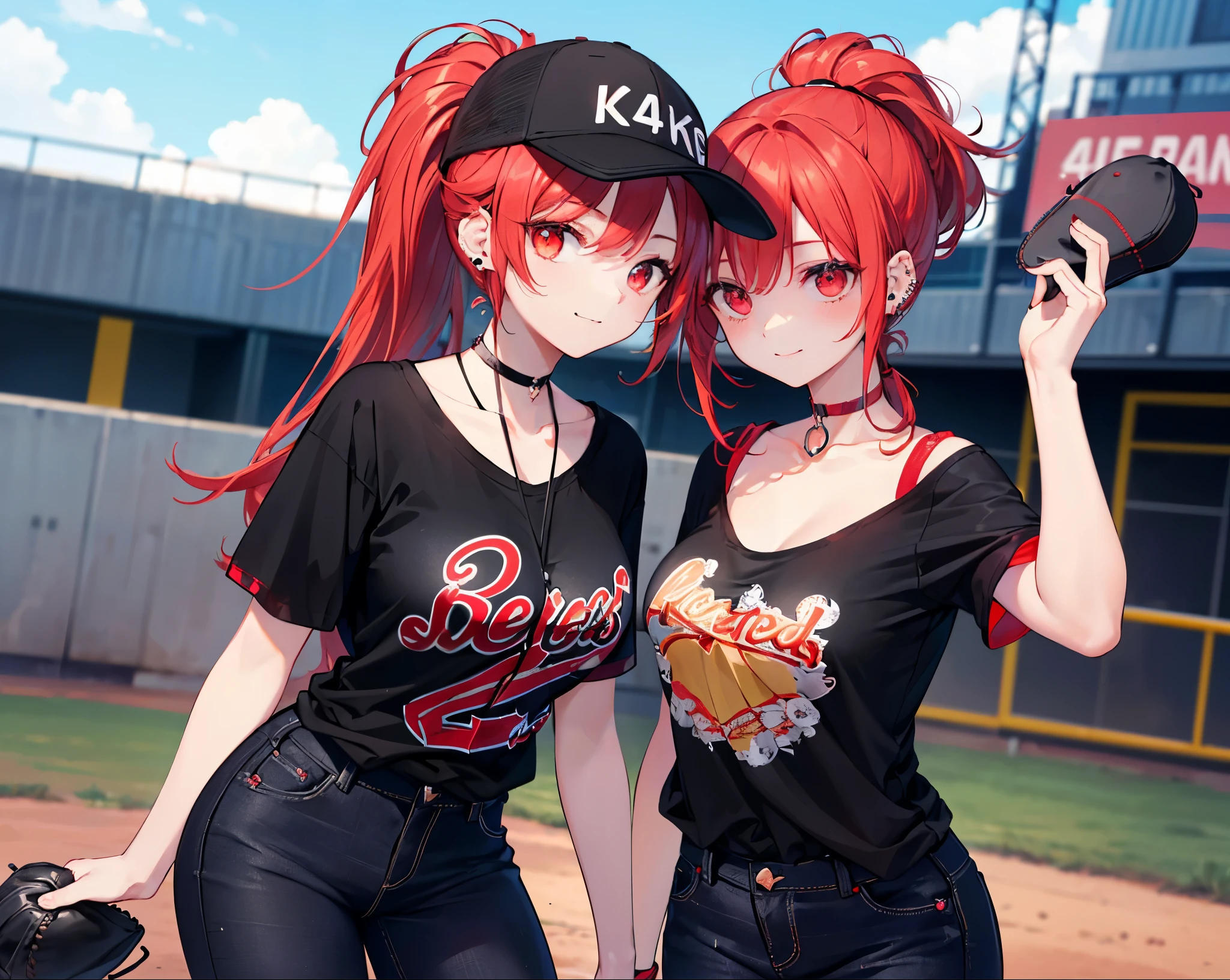 Realistic,Highest quality, Ultra Detail, High-quality CG rendering, The most delicate and beautiful, Floating softly, High resolution, (1 girl), (Highest quality,4K,8k,masterpiece:1.2),(All red hair:1.5), (ponytail:1.5),(Red eyes:1.5),(Slightly larger :1.2), (Oversized black short sleeve t-shirt:1.5),(Black skinny jeans:1.5),(Black baseball cap:1.5),In the city,old buildings,Narrow back alley,(Are standing:1.3),smile,(Piercing in left ear:1.3),(Pitch black choker:1.5)