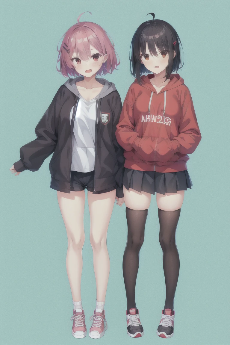 two_girls,two_girls,high_resolution,standing,simple_background,[bangs,(red_hoodie:1.3),(black_pleated_skirt:1.35),bob_hair,brown_hair,black_skirt,blush,skirt,white_background,breasts,eyebrows_ass visible_through_hair,short_hair,smile,red_eyes,looking_at_viewer,thighhighs,long_sleeves,medium_hair,thighs,hair_ornament,hairclip,medium_breasts,shoes,zettai_ryouiki,hood,hoodie,sneakers,brown_legwear,hood_down,sleeves_past_wrists,drawstring,red_hoodie],[bangs,smiling,blush,jacket,simple_background,white_background,breasts,cleavage,large_breasts,open_mouth,shorts,eyebrows_ass visible_through_hair,short_hair,ahoge,bionde_hair,long_sleeves,large_breasts,hair_between_eyes,standing,shirt,grey_eyes,white_shirt,collarbone,gray_shorts,parted_lips,hood,hooded_jacket,zipper,hood_up,hoodie,hand_up,outline,short_shorts,grey_shorts,dolphin_shorts,sleeves_past_wrists,cropped_Legs,sleeves_past_fingers,pink_jacket,pink_hoodie],expensive_solve, clear_image, expensive_Contrast, 8k, Sparkling, beautiful_detailed_face_and_eye, 白 eye