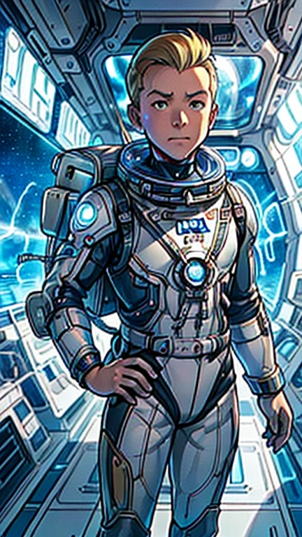 (1man, Tintin,1boy), (extremely detailed CG unit 8k wallpaper),(master part), (best quality), (ultra detail), (best illustration),(teslapunkai), cowboy shot,(Sharp eyeliner, ombre, detailed eyes:1),Outer Space Station interiors background,break,(astronaut in a space suit),upper body,short hair,blonde hair, 