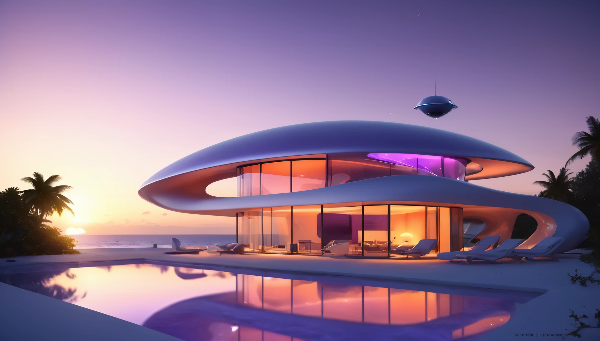 a futuristic house with a satelite dish and antenna array on the rooftop, at sunset, on the beach, cgsocietywlop, beautiful curves, intricate devilish designs, qualia, interesting shapes & form, wow factor, elaborate polished, architectural rendering, miami, bioluminescent, colorfull, glow fluid, orange and purple soft lighting in interior of house, futuristic battlefield, inspired by James E. Brewton, precise architectural rendering