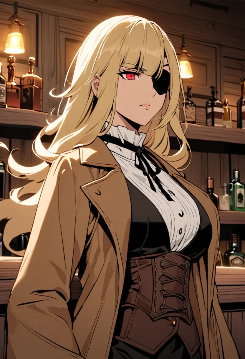 Mature woman, perfect eyes, long blondie hair, straight bangs down, red eyes, waved hair, straight and narrow eyes, eye patch, revolver, gunslinger, outlaw hat, (outlaw clouthes), (brown overcoat), in the saloon, bar, old west, serious woman, corselet, beautiful.