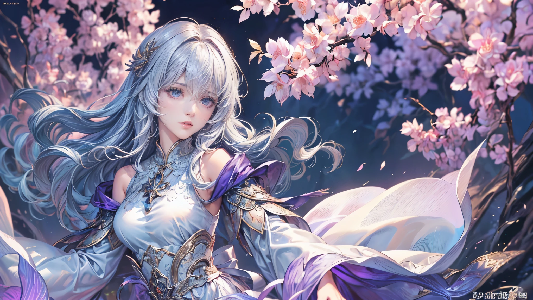 (8k, 最high quality, masterpiece: 1.2), White robe,beautiful girl,Moonlit Night,sexy,Glamour,Purple eyes,sacred,Dynamic pose,One Girl,Flower Field,Lakeside(the best品質を最高に8k, CG, Beautiful and exquisite upper body, Floral forest background, Complex facial features, Almond Eyes, Exquisite eye makeup, Long eyelashes fluttering, Blinking big eyes, (masterpiece, 最high quality, the best, Official Art, Beautiful and beautiful, Long-term exposure: 1.2), Smooth movement, Attractive patterns, 1 Girl, (Long sleeve dress: 1.3), (((White clothes) )), Delicate face,Lavender colored hair,Wavy Hair, Gradient Hair,Long Hair, Bare shoulders, ,Detailed Background, Delicate face,, Dynamic pose, Suspended particles, Ethereal atmosphere,gem,One Girl,goddess,Delicate and beautiful face,Flowing,Perfect balance, Detailed clothing details,Cinema Lighting, Film Grain, Fujicolor, masterpiece, Textured skin, Very detailed, High detail, high quality, High resolution,